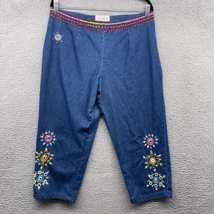 René Derhy Womens Capri Pants Blue Denim Embroidered Floral Side Zip Size 14